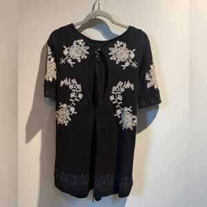 Free People Black Dress with White Floral Embroidery and Open Back Tie